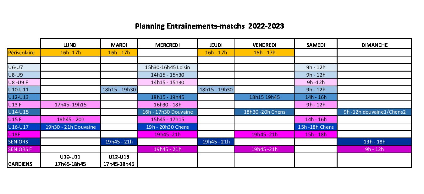 planning entrainement club 2022-2023